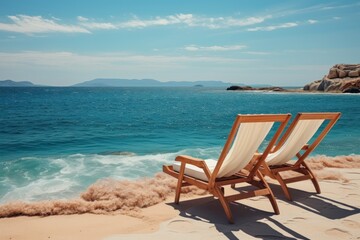 Fototapeta na wymiar Beach chair on the sand with blue sea and sky background. Seashore. Two Beach Chairs on Seashore. Deckchair.