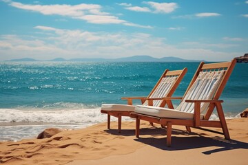 Two deck chairs on the beach near the sea. Vacation concept. Seashore. Two Beach Chairs on Seashore. Deckchair.