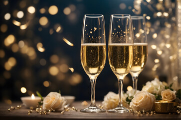 New Year Celebrations with 3 Champagne Glasses and Christmas decorations