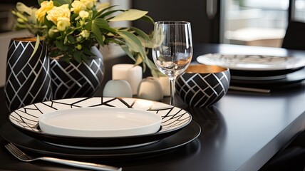 contemporary ceramic pattern design in a Western dining setting, the modern linear aesthetics, sleek lines, and geometric elements that bring sophistication and elegance to the dining experience.