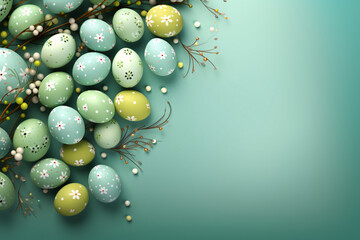 Easter eggs in pastel colors with flowers on a green background Copy space View from above