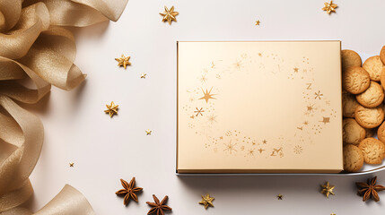 Cozy beige and gold-themed card or flyer showcasing a cookie box with a gold ribbon and Christmas decorations. A graphic frame provides ample space for text. - obrazy, fototapety, plakaty