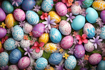 Fototapeta na wymiar Colorful Happy Easter eggs pattern design Pastel easter egg closeup