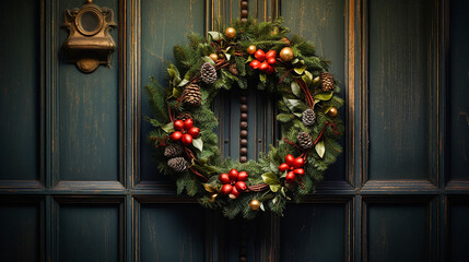 Fototapeta na wymiar A beautiful, ornate advent wreath decorated with red baubles and a bow hangs on the green distressed front door. Elegant Christmas wreath on a wooden door on a snowy day