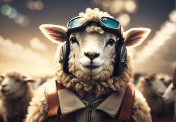Sheep become pilot, wearing glasses and hat, inside plane