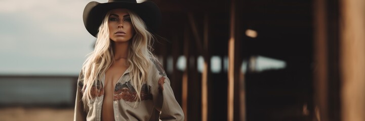 A Beautiful Badass Blonde Cowgirl - Amazing Cowgirl Background - Clothes are in the Raw, Tough and Grunge Style - Blonde Cowgirl Wallpaper created with Generative AI Technology