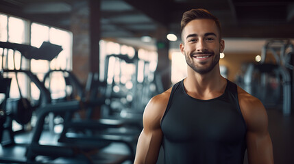 Muscular arabian man in sportswear, smiling and looking at the camera on the background of the gym....