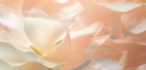 A close-up of delicate flower petals, subtle mint greens and pale peach tones.
