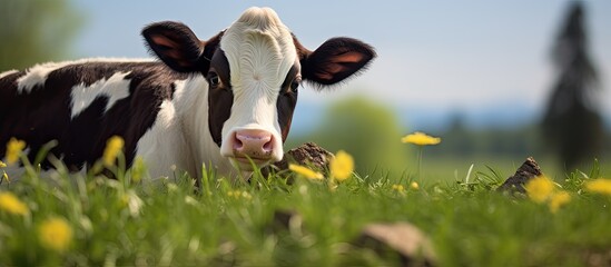 In the picturesque landscape of the countryside, a young, cute cow with pure white fur grazed on the lush green grass, while her black-eyed portrait portrayed her innocence and charm. As an important
