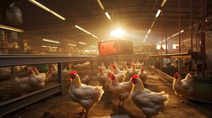 a poultry farm indoor, capturing broiler chicks feeding, the vibrant and dynamic atmosphere of the farm as the chicks engage in their feeding activities.