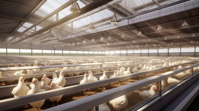 a poultry farm indoor, capturing broiler chicks feeding, the vibrant and dynamic atmosphere of the farm as the chicks engage in their feeding activities.