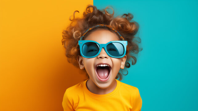 Naklejki Cute surprised child on bright background with copyspace, ai generated