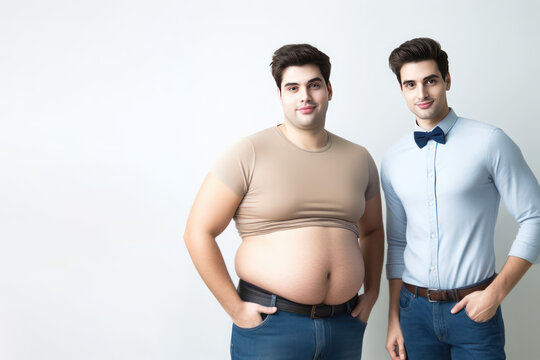 Two young men on a light background, one thin, the other fat. Space for text.