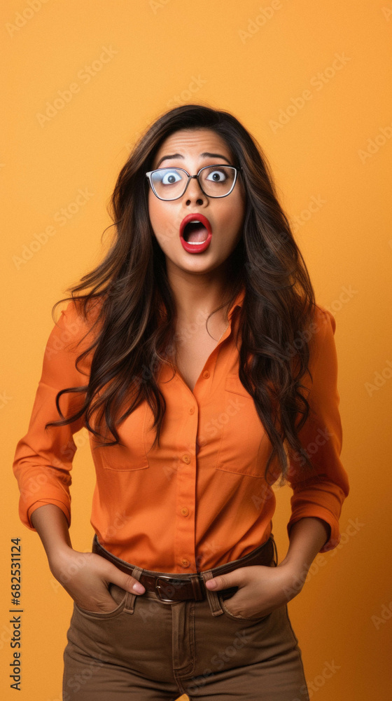 Wall mural Surprised young indian woman in eyeglasses looking at camera with surprise and shocked face, standing against orange background. - Wall murals