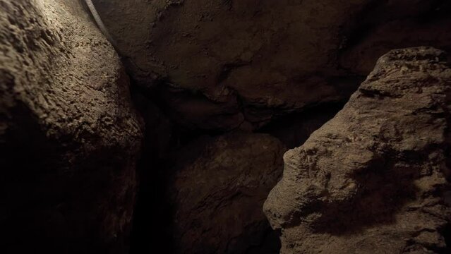 Explore the dungeon. Dark cave. Camera movement. Science Speleology