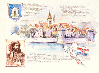 Historic town of Korcula panoramic view with a portrait of Marco Polo, the city's coat of arms, the flag and a map of Croatia. Illustration created with watercolors. - 682531995