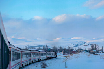 Eastern Express (Dogu Ekspresi) in the Winter Season Sunset Photo, Kars Turkiye (Turkey)