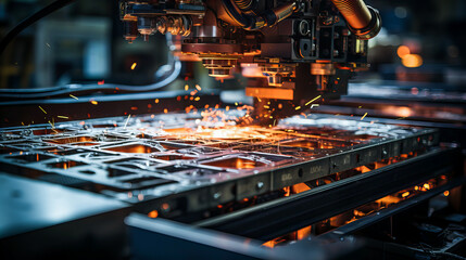 The CNC milling machine cutting the metal part with the sparking light. Industrial laser cutting metal with sparks. Laser cutting machine in metal industry. Generative AI technology.