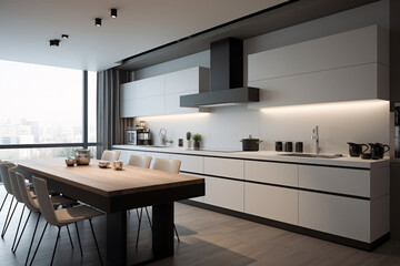 Kitchen in minimalist style. Bright or dark colors. Wood furniture, countertop. Modern interior design. Luxury dining room interior. created with Generative AI