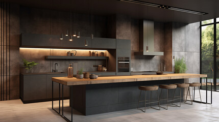 Kitchen in minimalist style. Bright or dark colors. Wood furniture, countertop. Modern interior design. Luxury dining room interior. created with Generative AI