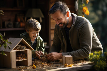 Dad and son making three bird house