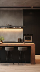 Kitchen in minimalist style. Bright or dark colors. Wood furniture, countertop. Modern interior design. Luxury dining room interior. created with Generative AI