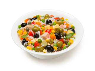 Italian rice salad in a white porcelain salad bowl isolated on a white background. - 682532740