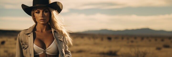A Beautiful Badass Blonde Cowgirl wearing Lingerwear - Amazing Cowgirl Background - Clothes are in the Raw, Tough and Grunge Style - Blonde Cowgirl Wallpaper created with Generative AI Technology