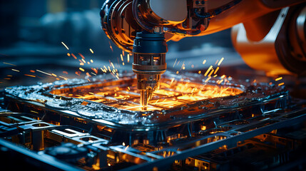 The CNC milling machine cutting the metal part with the sparking light. Industrial laser cutting metal with sparks. Laser cutting machine in metal industry. Generative AI technology. - obrazy, fototapety, plakaty