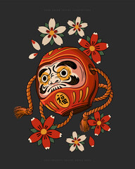 Daruma and cherry blossoms. Traditional Japanese red Daruma doll with the inscription "fortune". Vector illustration on a dark background.