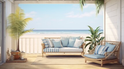 Naklejka premium Breezy beach house with indooroutdoor space for summer product mockup AI generated illustration