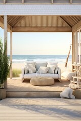 Fototapeta na wymiar Breezy beach house with indooroutdoor space for summer product mockup AI generated illustration