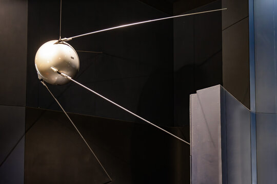 London, UK-May 19, 2023: Sputnik 1, the first artificial satellite,  launched into an elliptical low Earth orbit by the Soviet Union on 1957 as part of the Soviet space program. Science Museum, London