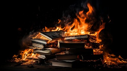 A stack of books burning in the darkness, signifying the fight for knowledge and education.
