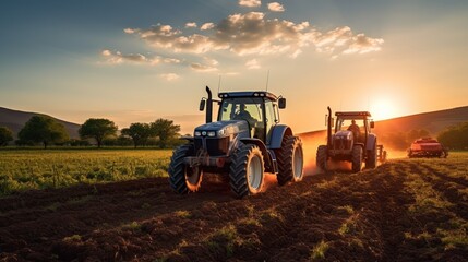 The field is being prepared for sowing as a tractor with a seeder operates during sunset.