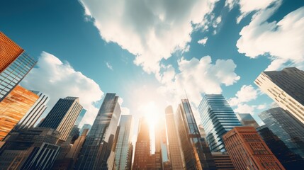 Obraz premium City skyline adorned by high-rises against the serene canvas of a blue sky and drifting clouds.
