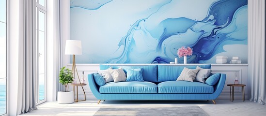 The abstract watercolor design showcased a stunning blend of vibrant blue waves and colorful textures, resembling a marble-like pattern, creating a creative and artistic wallpaper. The use of oil