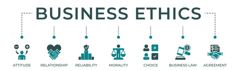 Business ethics banner web icon vector illustration concept with icon of attitude, relationship, reliability, morality, choice, business law and agreement - obrazy, fototapety, plakaty