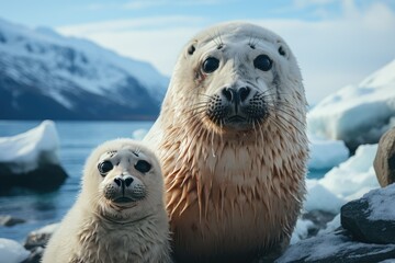 Naklejka premium Bearded seal on blue and white iceberg in Arctic Russia. Wildlife scene from nature. Winter scene from drifting ice.