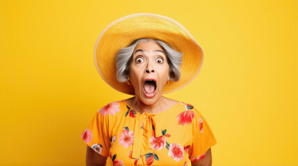 Senior woman with hair wearing elegant hat standing over isolated yellow background afraid and shocked with surprise expression, fear and excited face. face face.