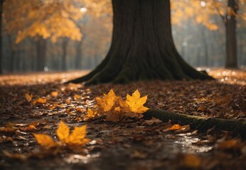 Naklejka na ściany i meble Forest autumn leaves on the ground