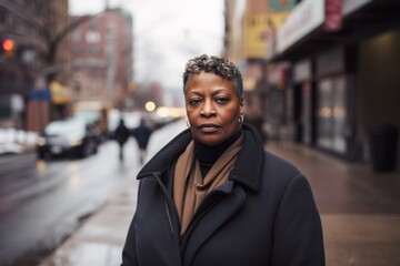 portrait of middle aged serious african american woman standing on the street in the city - Powered by Adobe