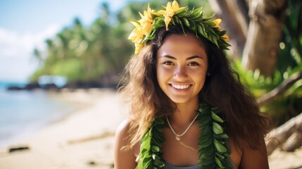 hawaiian girl with flowers by the ocean