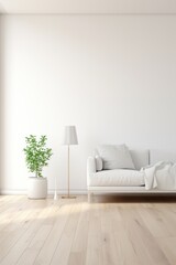 Fototapeta premium Crisp white room with a hardwood floor for a furniture ad mockup AI generated illustration