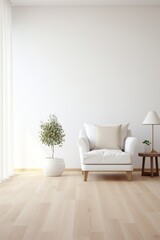 Crisp white room with a hardwood floor for a furniture ad mockup AI generated illustration