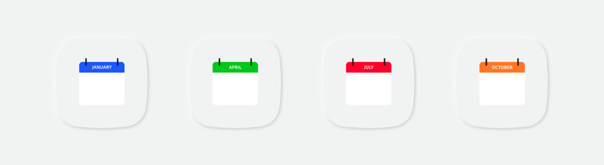 Calendar icon. Date of month symbol. January, April, July, October month. Blue, green, red, and orange illustrations.