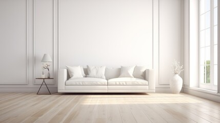 Fototapeta na wymiar Crisp white room with a hardwood floor for a furniture ad mockup AI generated illustration