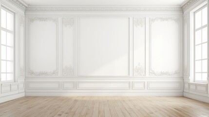 Crisp white room with a hardwood floor for a furniture ad mockup AI generated illustration
