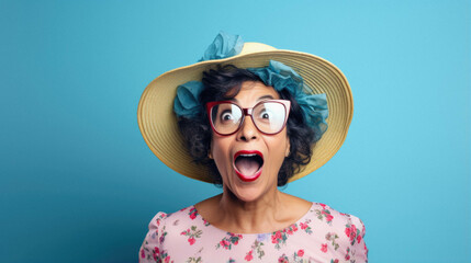 Middle age woman in grey hair and hat standing on yellow background celebrating crazy and amazed for success with arms raised screaming excited. screaming excited. winner. - obrazy, fototapety, plakaty