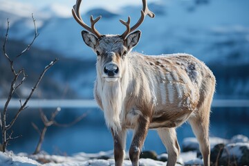 Naklejka na ściany i meble Reindeer in winter tundra or in Arctic. wildlife animals